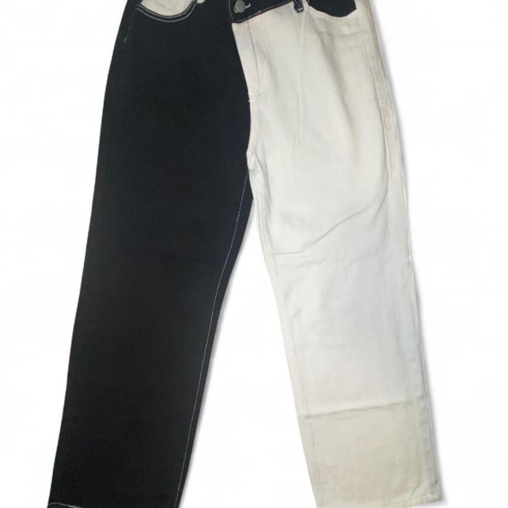 Split Color Block High Waist Straight Leg Jeans Black White Size Small 26